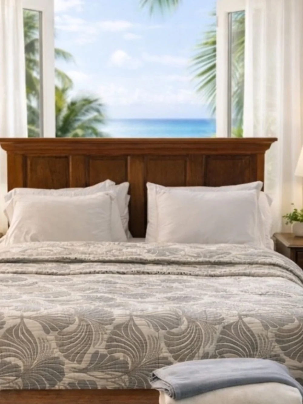 Greige Palms Quilted Woven Bedspread Luxury Blanket Woven Turkish Cotton Queen